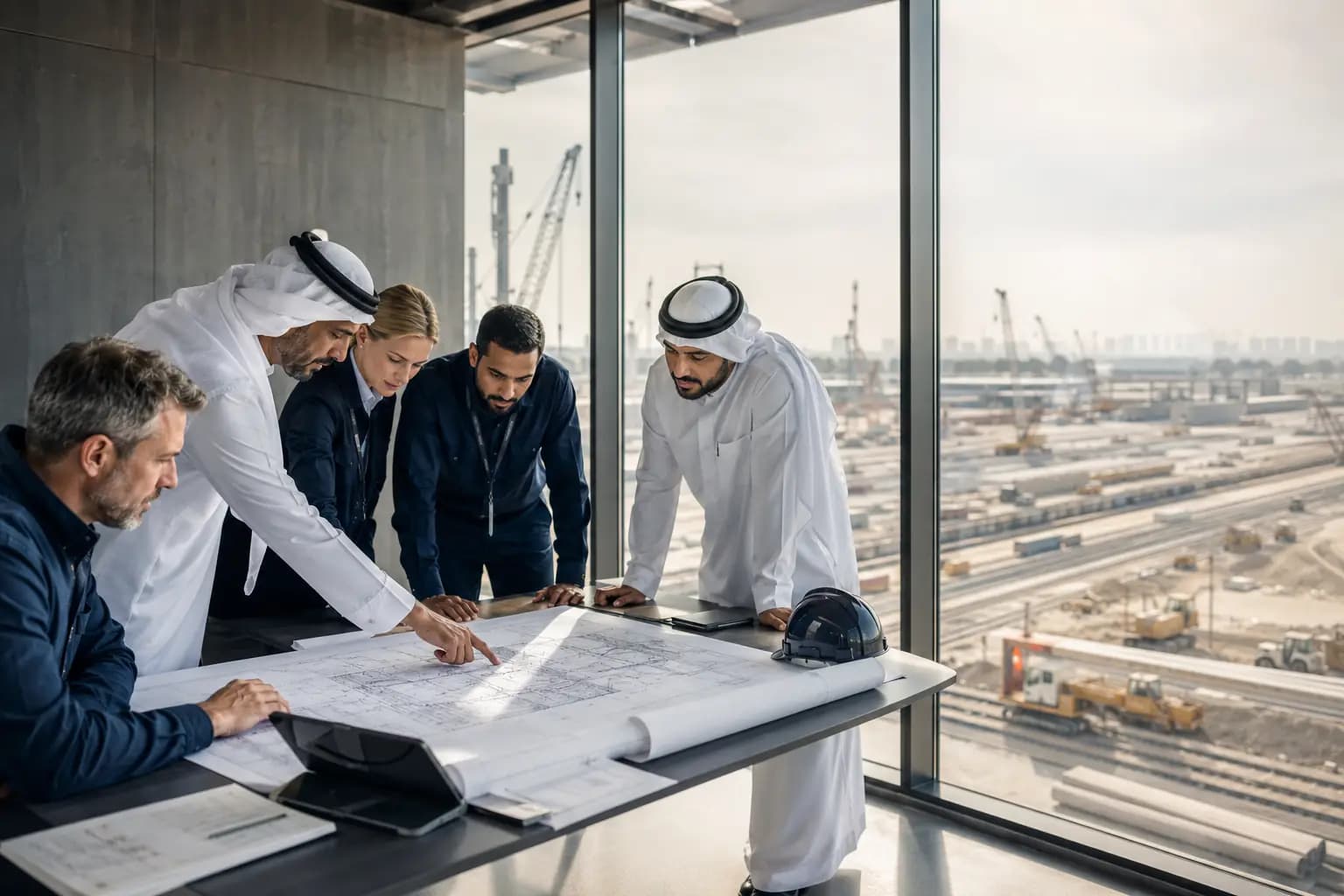 A project team reviewing drawings above a construction site