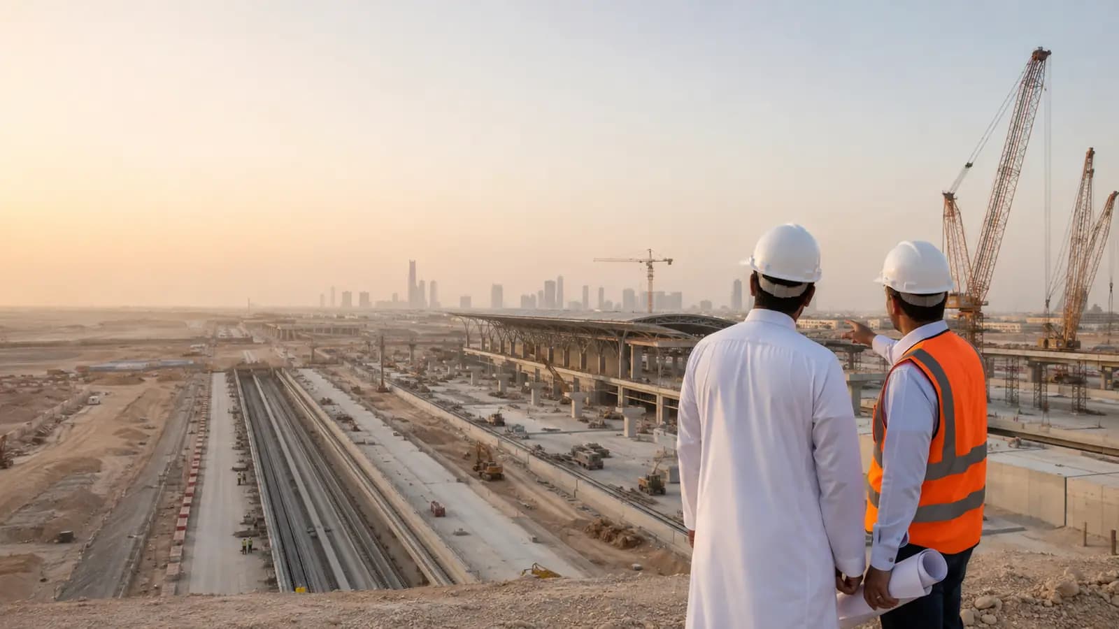 Engineers overlooking a rail construction site at dusk
