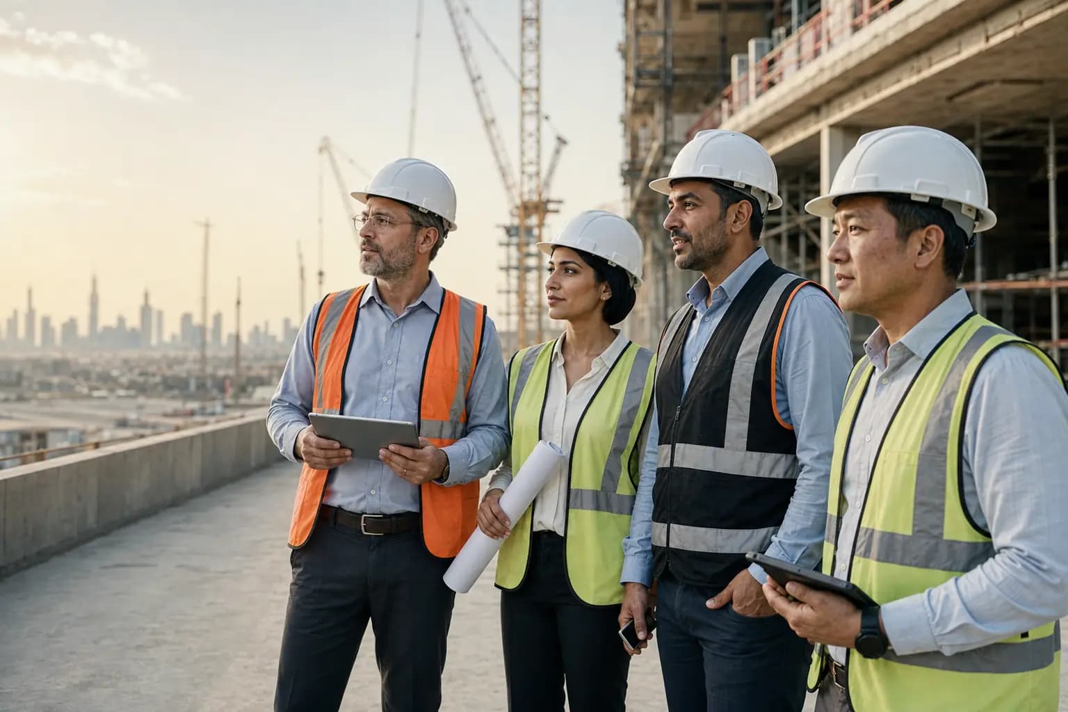 Four construction specialists walking a site in high-visibility vests